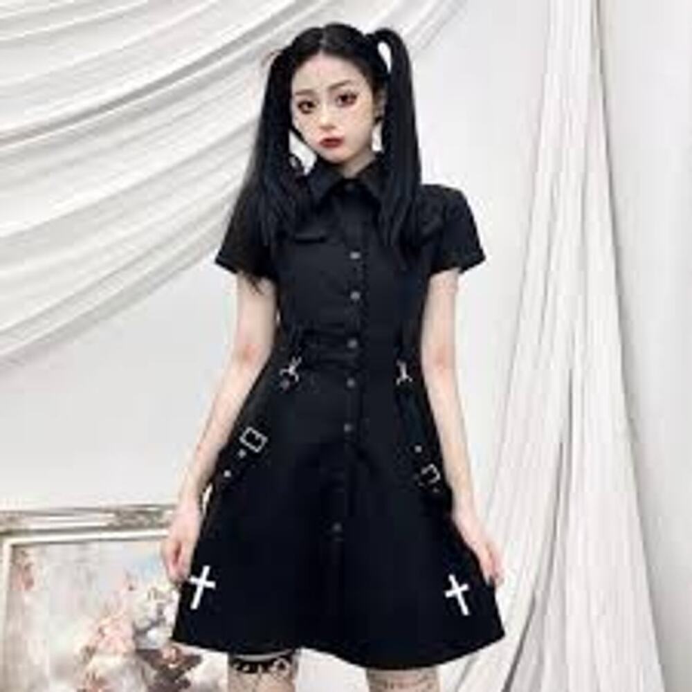 Snap front womens dress measures M cross, goth emo grunge nun missing straps - Picture 2 of 11